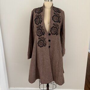 Lisa Corti Milano Women's Brown Wool-Blend Coat A-Line Floral Applique Boho L